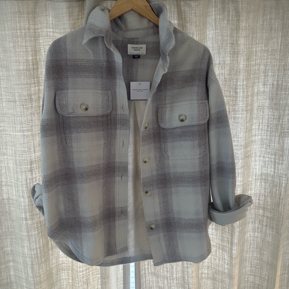 American Eagle Lightweight Plaid Shacket in Gray & Lavender